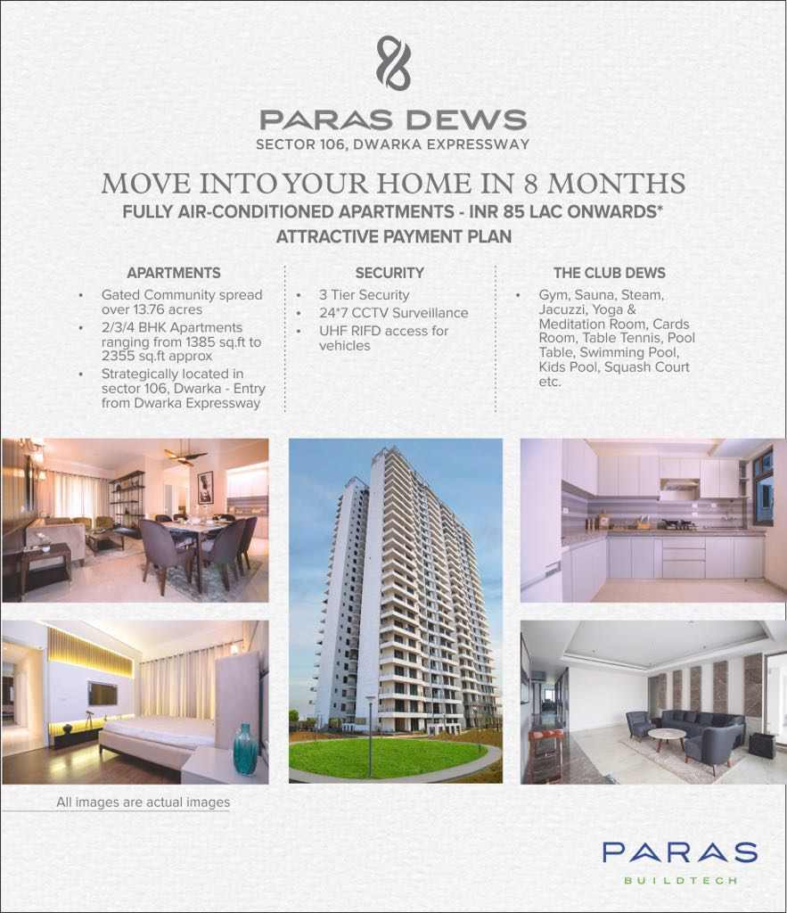 Book fully air-conditioned apartments starting at Rs. 85 Lakh onwards at Paras Dews in Gurgaon